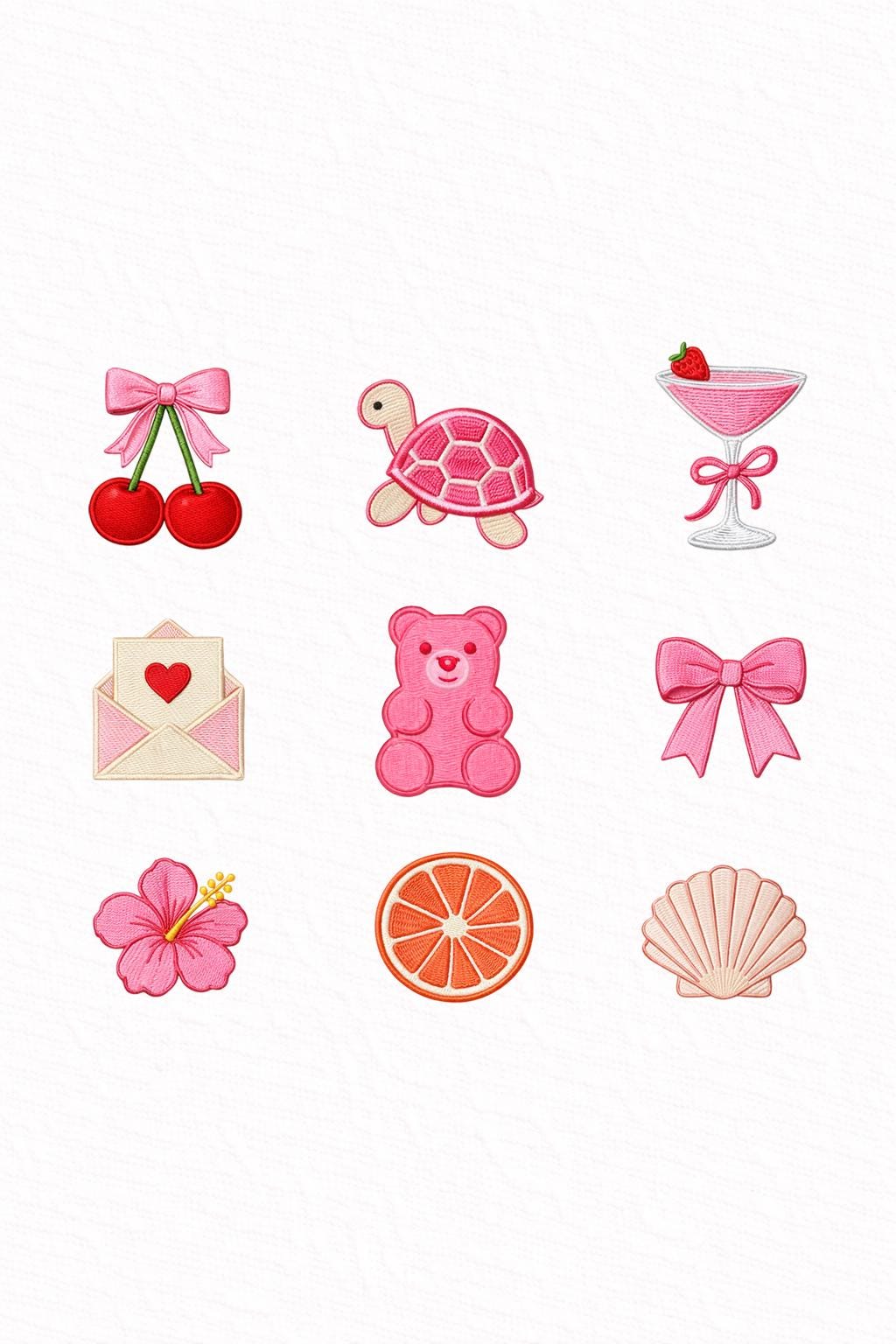 Coquette Pink Mini Embroidery Designs Set of 9 | Cute Cherry Bow, Gummy Bear, Martini, Shell | Machine Embroidery Files Bundle