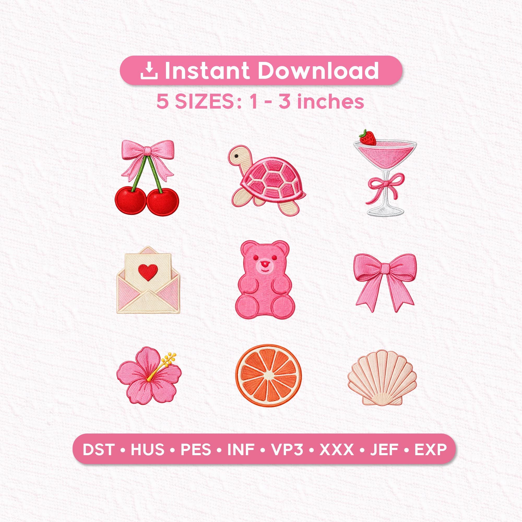 Coquette Pink Mini Embroidery Designs Set of 9 | Cute Cherry Bow, Gummy Bear, Martini, Shell | Machine Embroidery Files Bundle