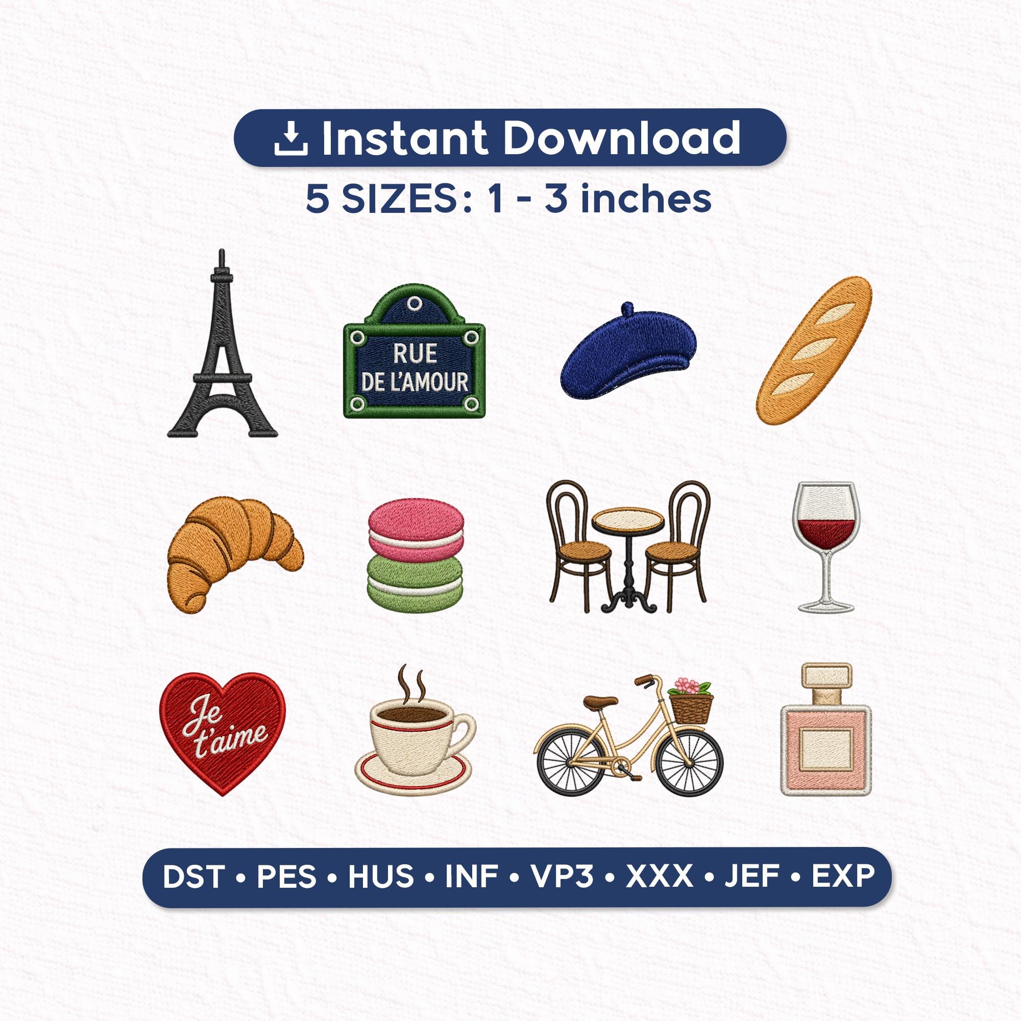 Paris French Embroidery Designs Set of 12, Eiffel Tower Croissant Beret Macaron Parisian Mini Machine Embroidery Files Bundle PES DST