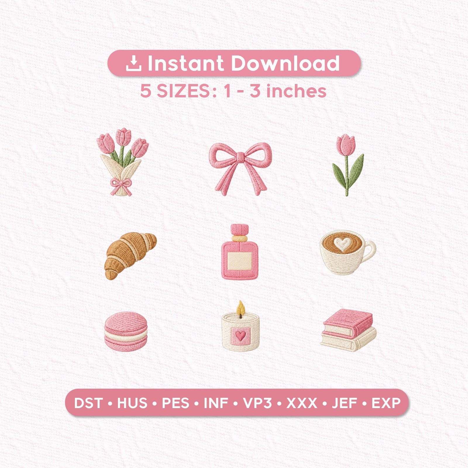 Coquette Embroidery Designs Set of 9, Pink Bow Tulip Coffee Croissant Icons, Cute Mini Embroidery Files PES DST, Feminine Pocket Designs