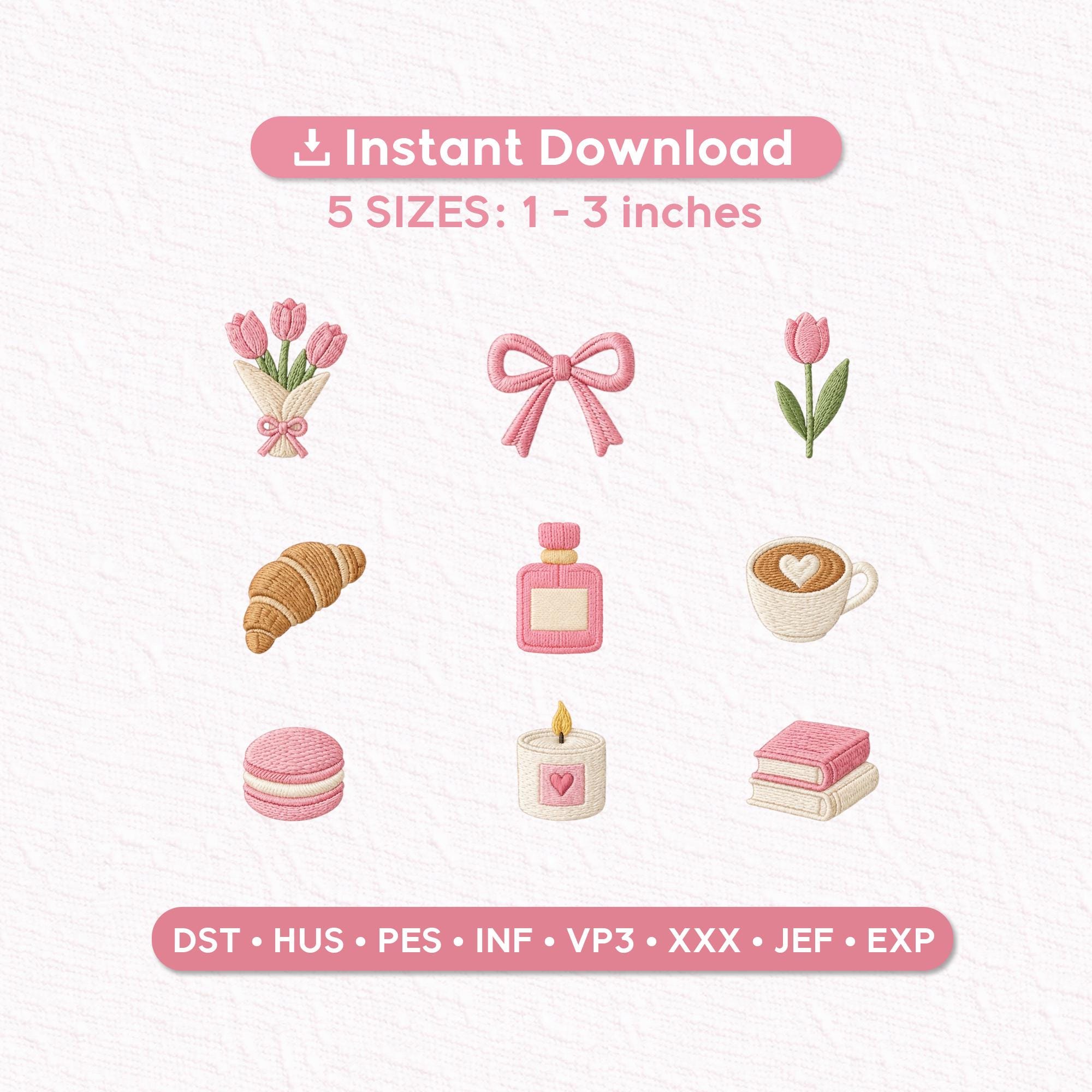 Coquette Embroidery Designs Set of 9, Pink Bow Tulip Coffee Croissant Icons, Cute Mini Embroidery Files PES DST, Feminine Pocket Designs