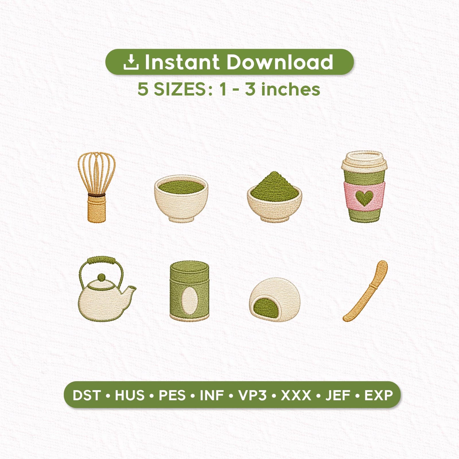 Matcha Tea Mini Embroidery Designs Set, Japanese Tea Icons, Latte Cup, Matcha Bowl, Instant Download, 1–3 Inch, PES DST Files