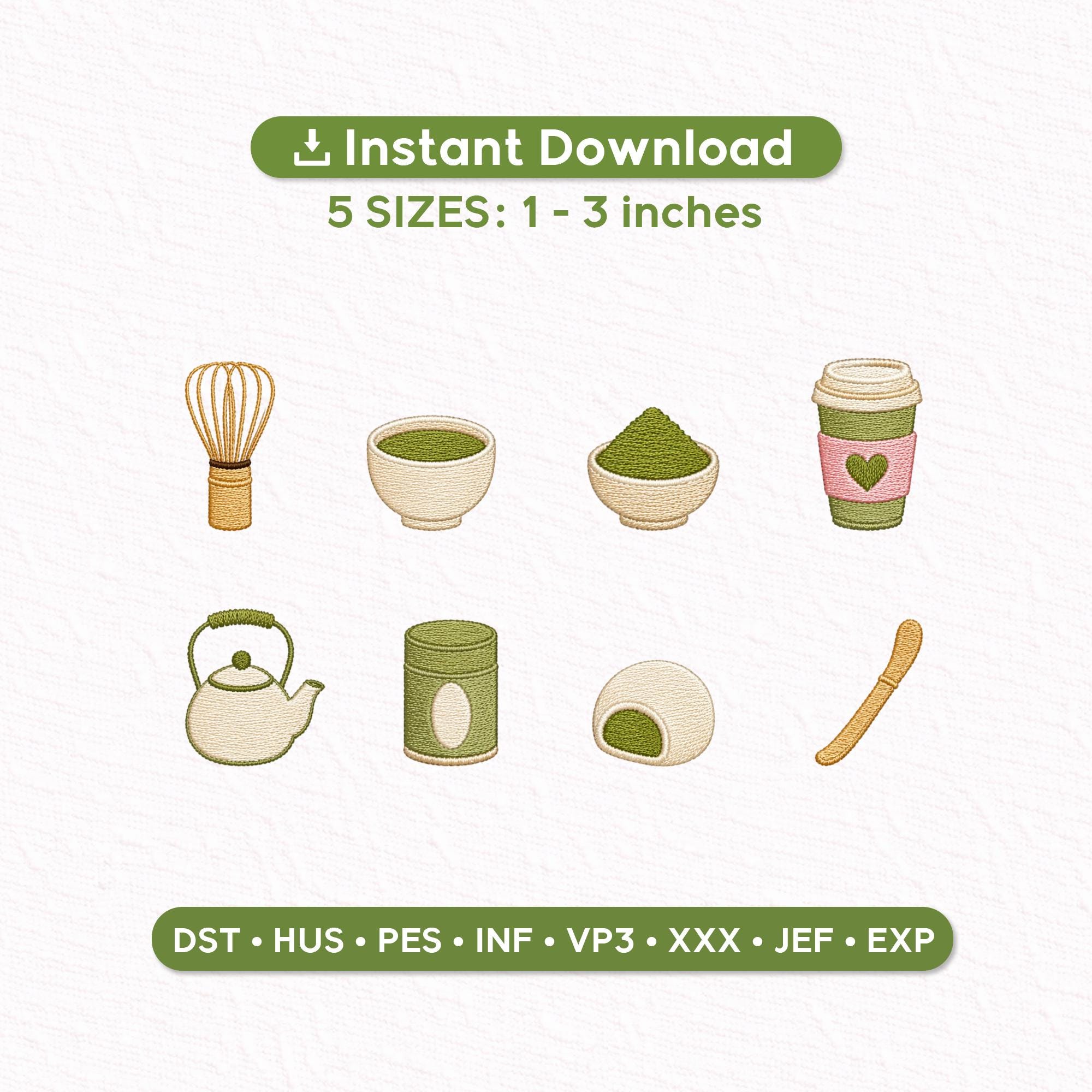 Matcha Tea Mini Embroidery Designs Set, Japanese Tea Icons, Latte Cup, Matcha Bowl, Instant Download, 1–3 Inch, PES DST Files