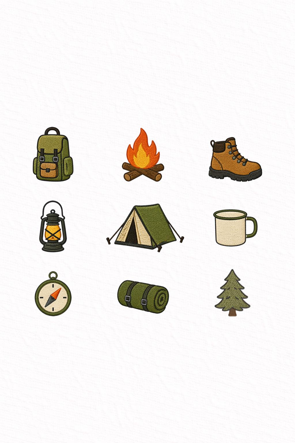 Camping Embroidery Designs Mini Set – Outdoor Adventure Icons, Tent Campfire Hiking Bundle, Small Machine Embroidery Files, Instant Download