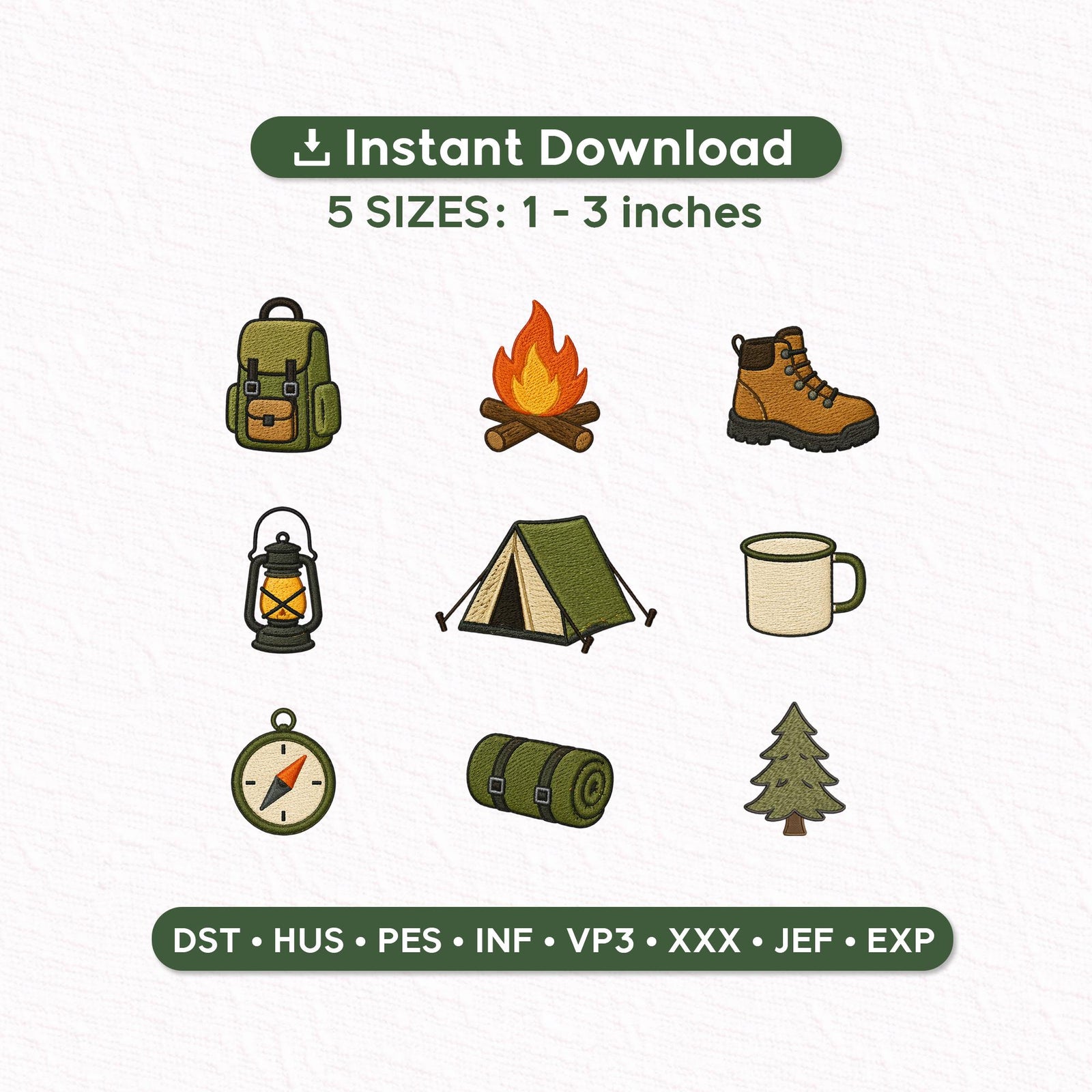 Camping Embroidery Designs Mini Set – Outdoor Adventure Icons, Tent Campfire Hiking Bundle, Small Machine Embroidery Files, Instant Download