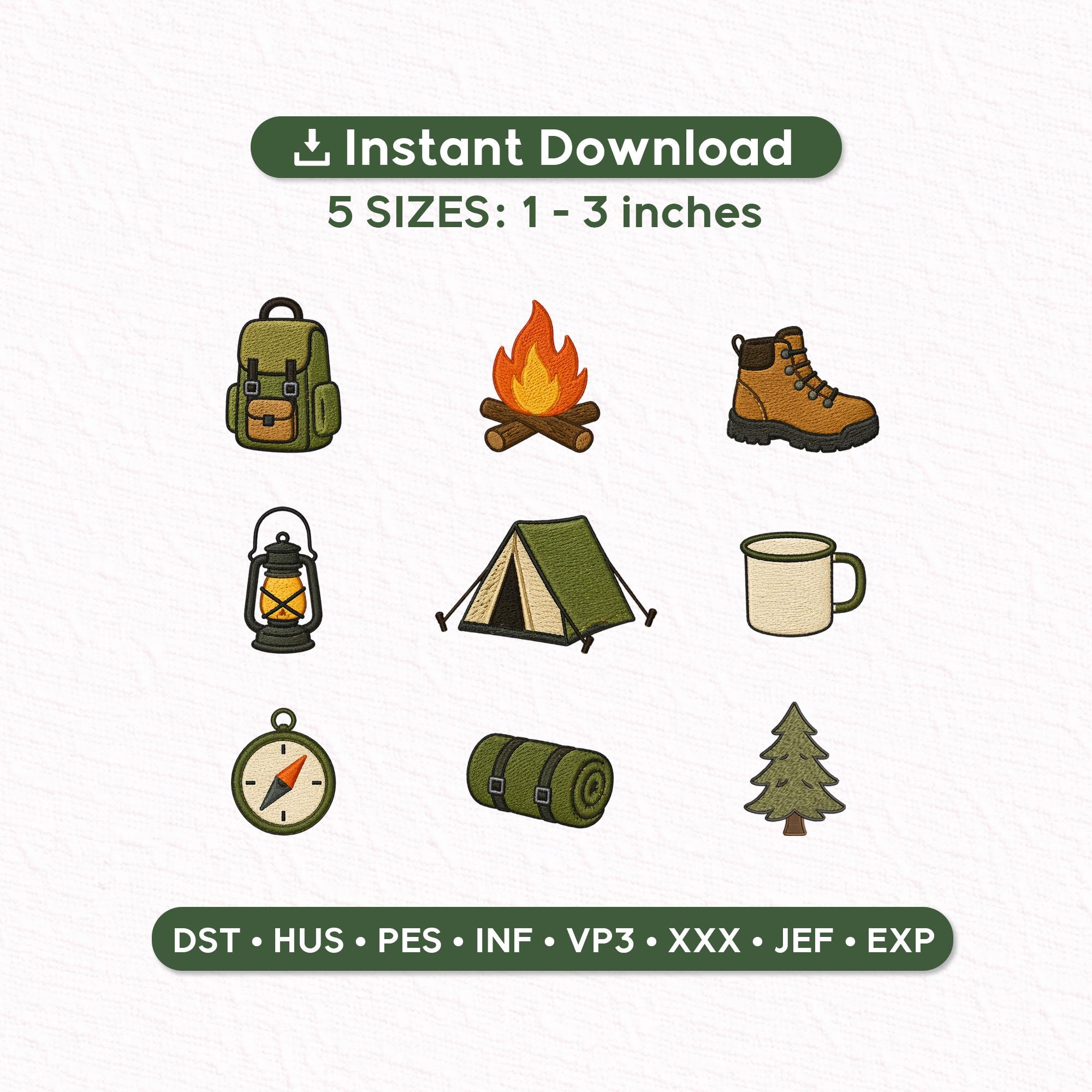 Camping Embroidery Designs Mini Set – Outdoor Adventure Icons, Tent Campfire Hiking Bundle, Small Machine Embroidery Files, Instant Download