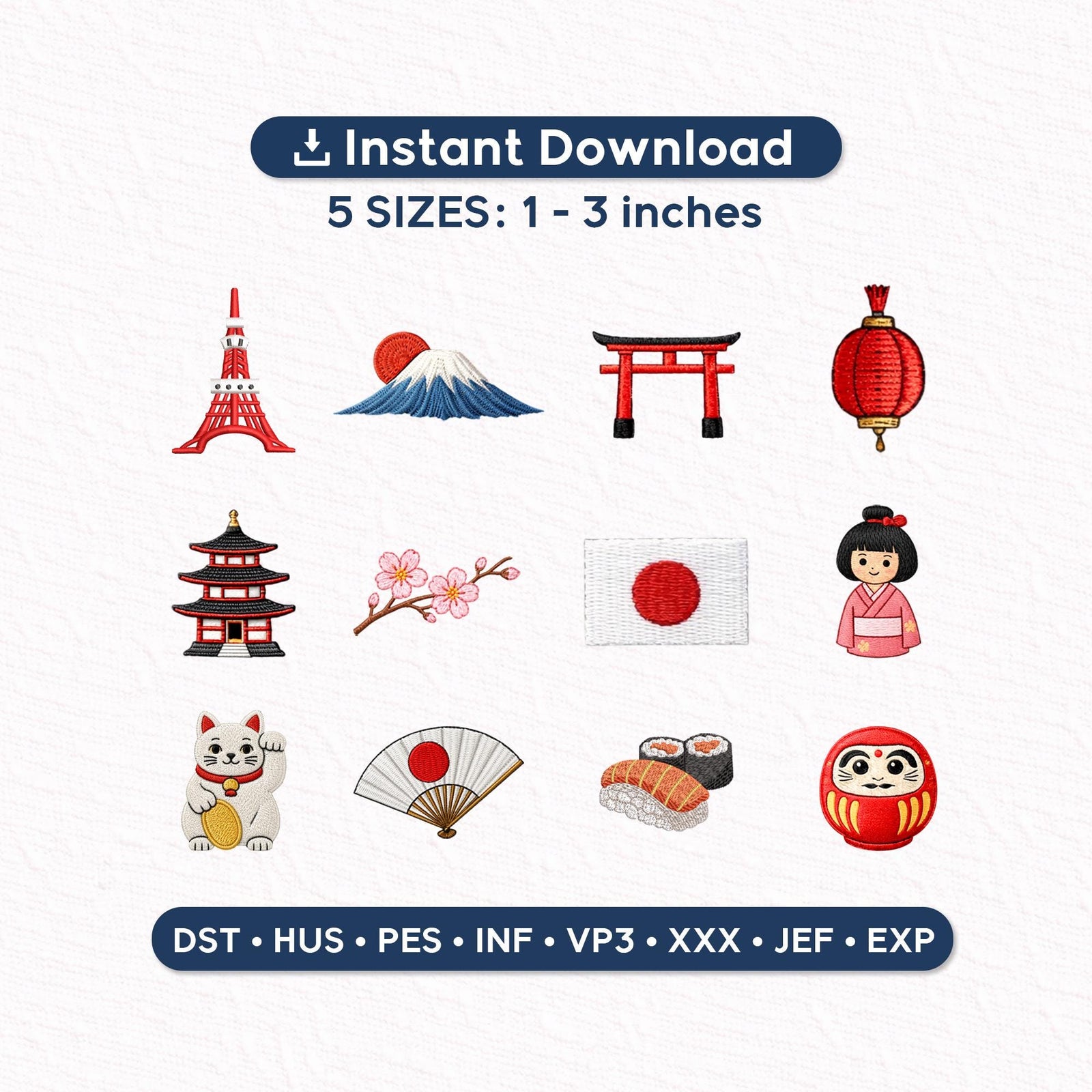 Japan Mini Embroidery Designs Bundle – 12 Japanese Icons, Kokeshi Doll, Sakura, Fuji, Instant Download, 1-3 Inch