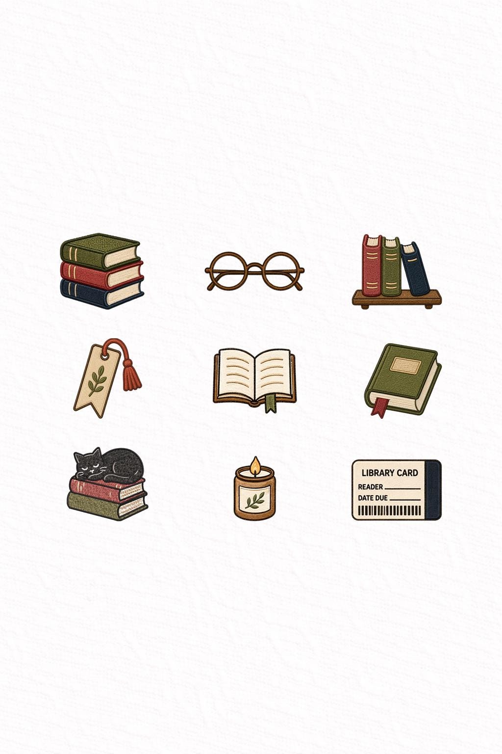Library Mini Embroidery Designs Set of 9 Book Lover Icons Vintage Reading Machine Embroidery Files