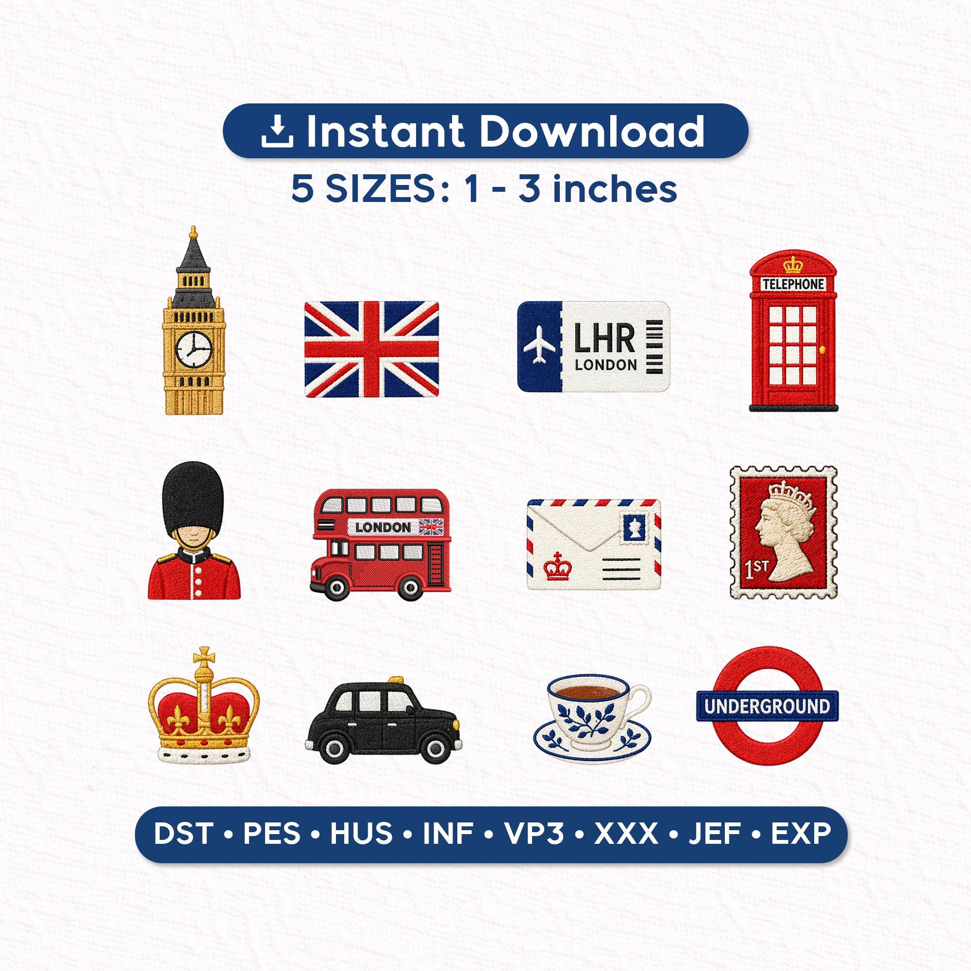 London Mini Embroidery Designs Set of 12, British Icons Embroidery Files, Big Ben Bus Taxi Tea Crown, Instant Download DST PES JEF