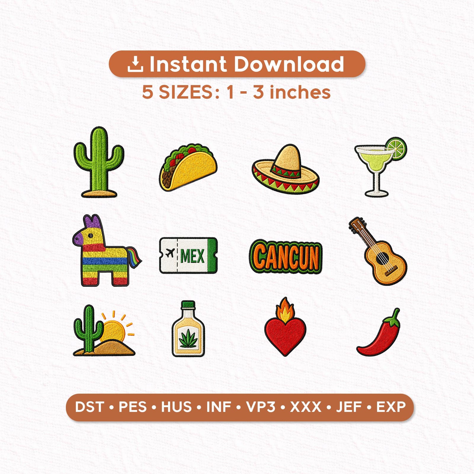 Mexico Mini Embroidery Designs Set of 12, Cancun Taco Cactus Tequila Sombrero Fiesta Machine Embroidery Files PES DST JEF