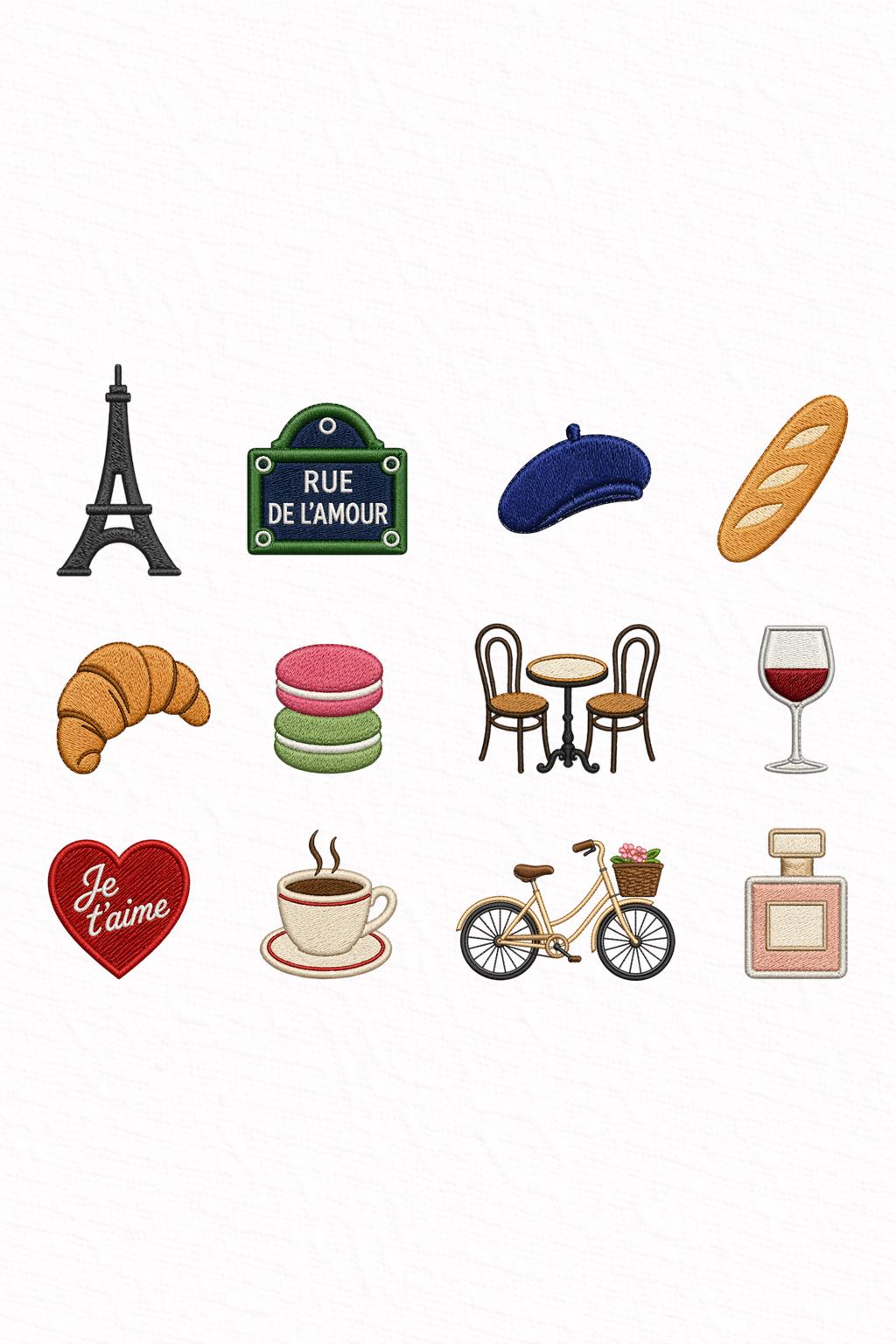 Paris French Embroidery Designs Set of 12, Eiffel Tower Croissant Beret Macaron Parisian Mini Machine Embroidery Files Bundle PES DST